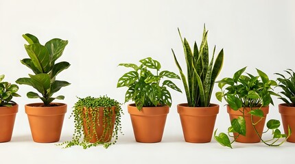 Fototapeta premium Collection of popular houseplants in terracotta pots arranged on white surface including fiddle leaf fig, snake plant and trailing varieties for home decor.