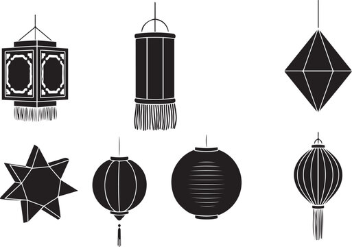 Traditional Vesak Lanterns Vector Collection: Sri Lankan Buddhist Festival Decorations, Hanging Paper Lamps in Various Shapes including Star and Diamond Silhouettes, Cultural Religious Celebration Art