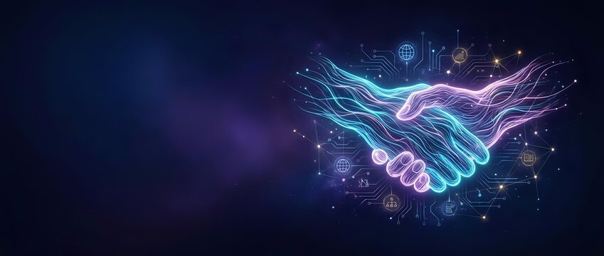 Digital handshake with glowing neon lines and particles on dark blue background representing business partnership, technology cooperation and futuristic connection.