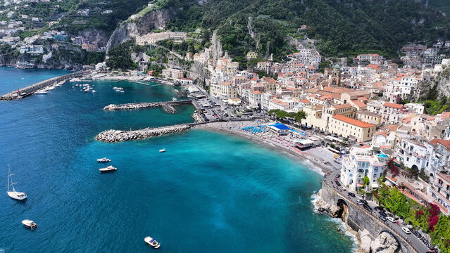 Amalfi Coast In Amalfi Salerno Italy. Turquoise Ocean Waves Gently Crashing On Tropical Beach. Deserted Landscape Peaceful Amazing. Peaceful. Amalfi Salerno.