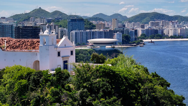 Boa Viagem Church In Niteroi Rio De Janeiro Brazil. Futuristic Building. Downtown District. Contemporary Art Museum. Boa Viagem Church In Niteroi Rio De Janeiro Brazil. Beautiful Coastline. 