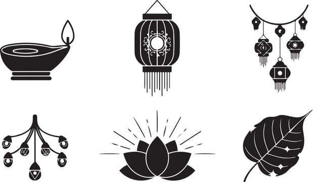 Buddhist Cultural Symbols Vector Set: Vesak Lantern, Oil Lamp, Sacred Bo Leaf, and Lotus Flower Icons for Vesak Festival, Poson Poya, Sri Lankan Traditional Celebration and Religious Decorations.