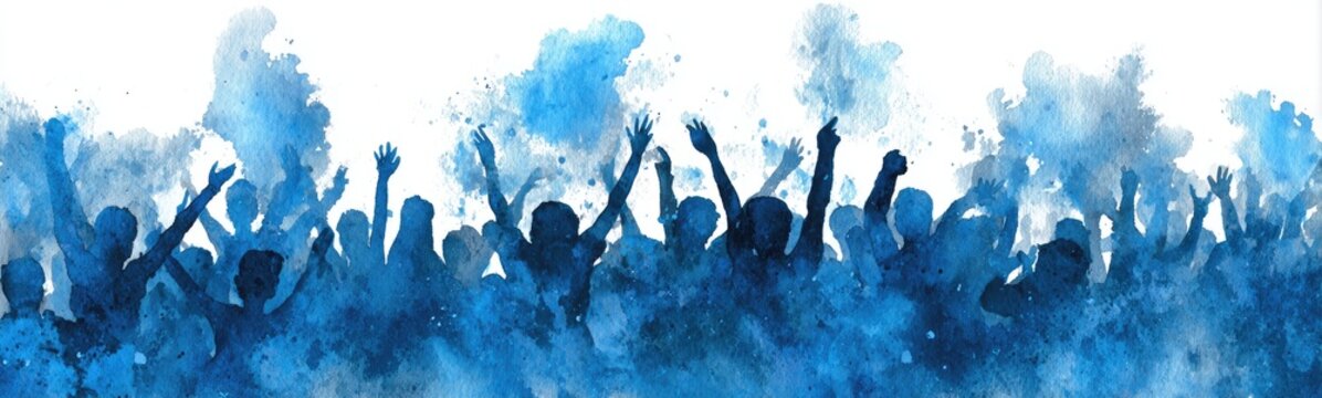 Silhouetted crowd cheering amidst swirling blue smoke or powder