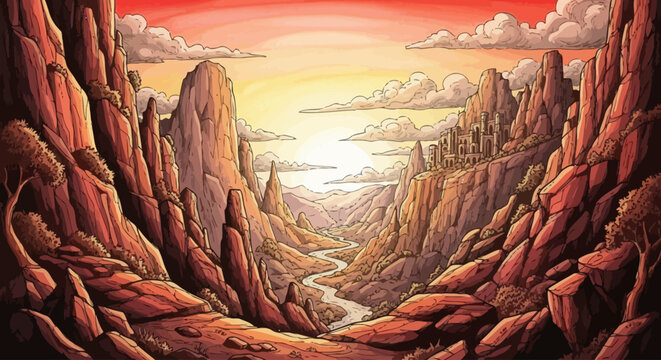 Fantasy canyon landscape with ancient cliff city at sunset