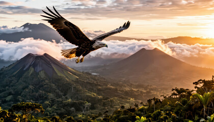 Naklejka premium An eagle soars high over mountains during sunset. The majestic eagle glides above clouds, showcasing the beauty of nature and the rugged mountains.