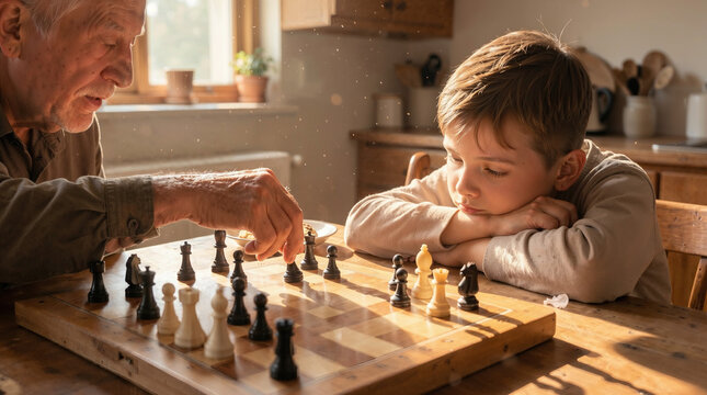 Elderly man playing chess with young boy at wooden table indoors