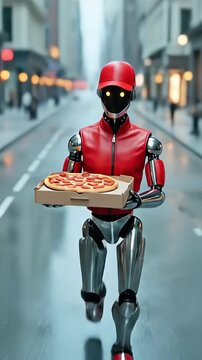 Robot courier wearing red vest and hat walking down city street with pizza box. Artificial intelligence machine handling food delivery service in urban environment.
