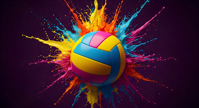 Volleyball ball surrounded by a vibrant colorful paint splash explosion against a dark background, dynamic sports concept art
