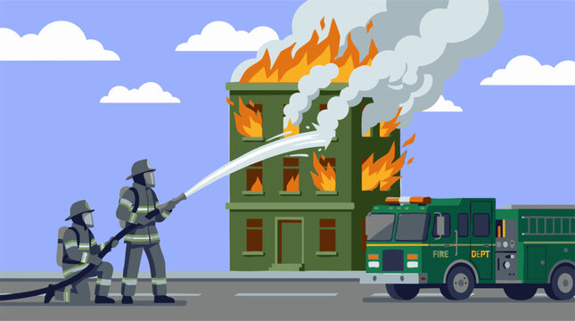 Firefighters and fire truck responding to a burning building emergency