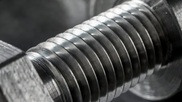 Close-Up of Metal Bolt with Detailed Threading on Industrial Surface