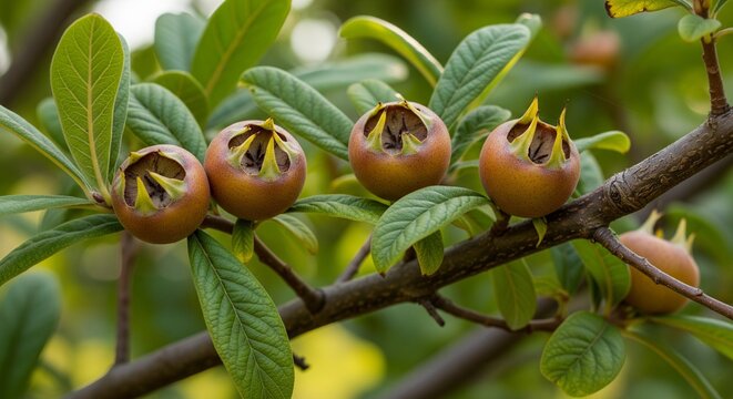 A row of ripe medlar fruits growing along a branch with oblong green leaves, captured in soft natural light.