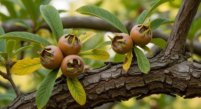 Several brown medlar fruits (Mespilus germanica) ripening on a thick tree branch with green and yellowing leaves.