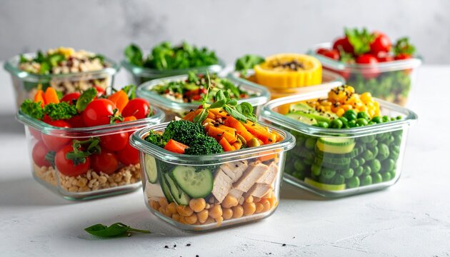 Mehrere Meal-Prep-Beh&auml;lter sind ordentlich angeordnet und mit frischen, gesunden Speisen gef&uuml;llt.