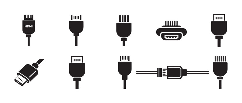 Set of USB and HDMI Connectors Black Silhouettes Icons. on White Background, Minimalist Digital Device Ports Collection.