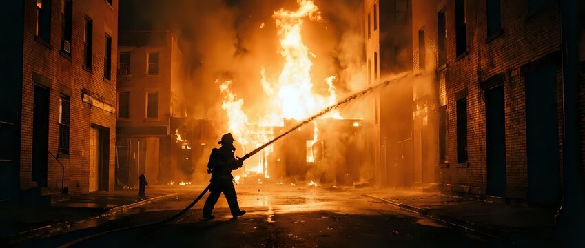 Firefighter battles massive blaze on city street with water hose as flames engulf buildings creating dramatic emergency rescue scene with intense orange glow and smoke.