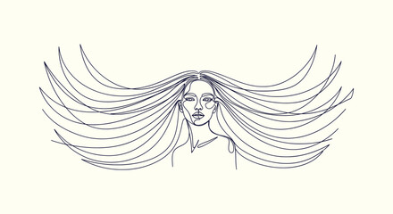 Fototapeta premium Minimalist Continuous Line Drawing of Woman Face with Long Flowing Hair Creating Abstract Wings
