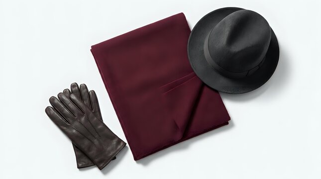 Elegant winter accessories flat lay with burgundy scarf, black fedora hat and leather gloves on white background for fashion styling and seasonal wardrobe.