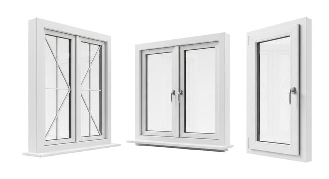 three modern, transparent upvc windows (casement, grid, tilt-and-turn) professionally displayed against a stark white background with soft shadows, concept for construction catalog display