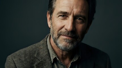 Obraz premium Mature Caucasian businessman with gray beard smiling confidently in professional portrait against dark background for corporate marketing materials.