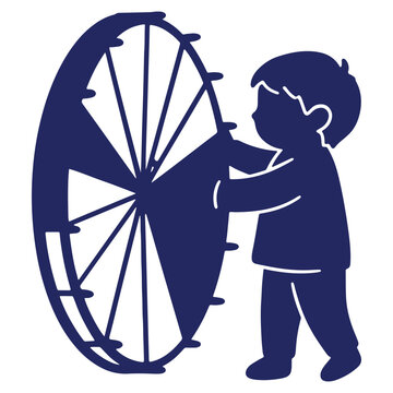Silhouette illustration of a child playing with a large wheel exploring movement and simple engineering for early childhood education