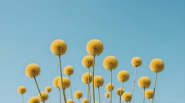 Golden Craspedia Billy balls reach for a clear azure sky, heralding the arrival of spring with their vibrant and cheerful spherical blooms, a testament to natural beauty
