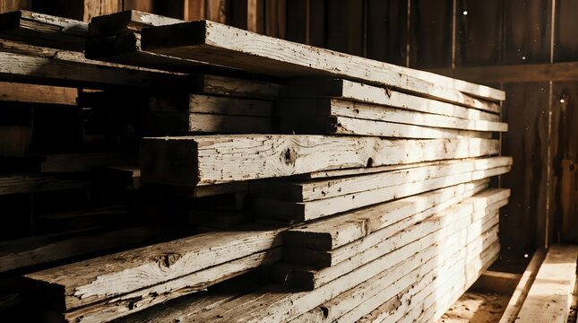 Stacked weathered wooden planks and lumber boards in rustic warehouse storage for construction and carpentry projects.