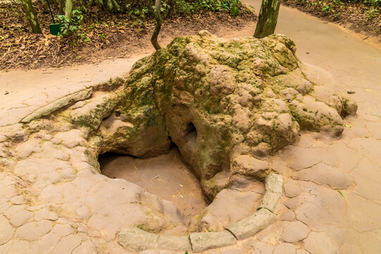 A view of an entrance and firing position in the tunnel network used by the Viet cong in the Vietnam war