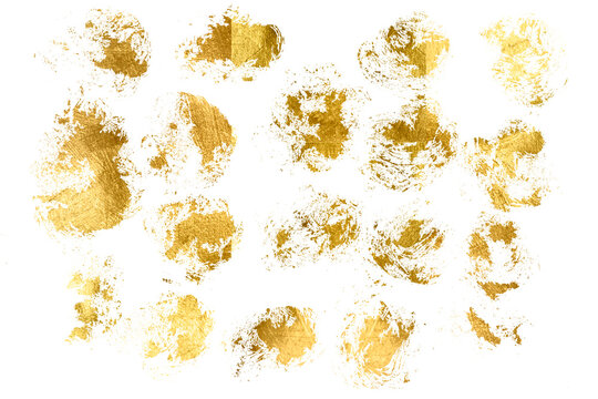 Watercolor gold foil pieces flake. Old gold texture with gold paper particles and gold flakes that shimmer. The gold foil borders the isolated PNG illustration background for holiday projects card.