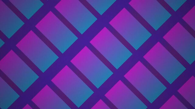 Abstract geometric background with purple and blue gradient squares. Digital animation with 3D depth and neon light for fashion shows, music visuals, presentations, futuristic design projects