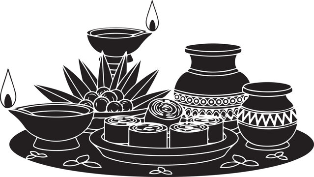 Traditional Sri Lankan Sinhala and Tamil New Year Celebration Elements Vector Illustration with Oil Lamps, Milk Pot, and Sweets for Aluth Avurudu Festival Greetings and Cultural Event Design.