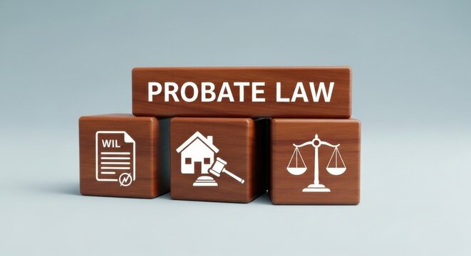 Probate law wooden blocks with icons, inheritance and will legal services concept, estate planning and property law symbols on brown cubes