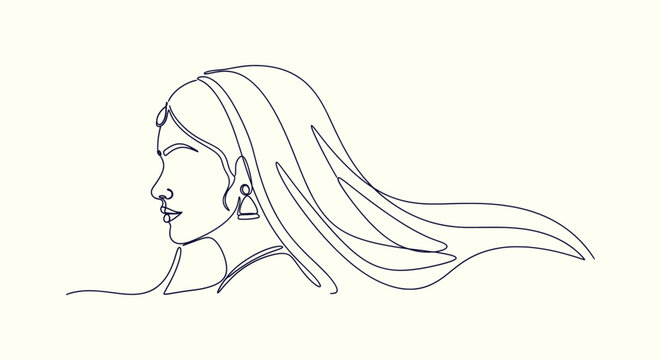 Minimalist Continuous One Line Drawing of an Elegant Indian Bride Profile with Flowing Hair Art