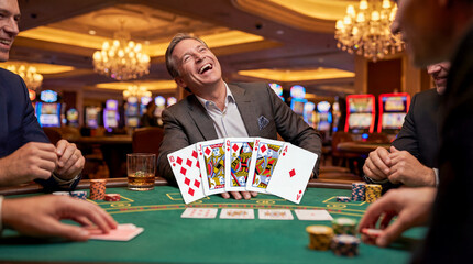 Fototapeta premium royal flush poker man casino gambling winner cards jackpot luxury celebrated by a laughing player leaning over the table with friends around for casino marketing gaming campaigns and betting ads