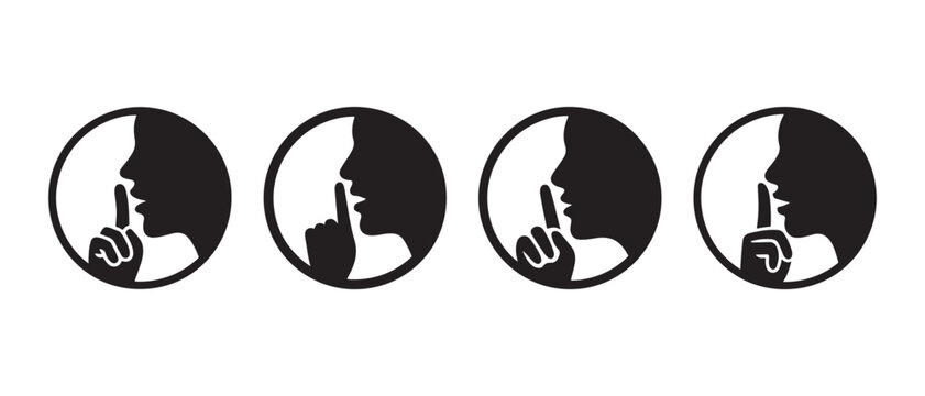 Shh Silence Gesture Icons Set. with Finger on Lips in Minimalist Black and White Vector Graphic Design.