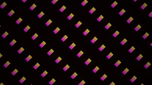 Vibrant geometric pattern of glowing yellow and pink squares moving diagonally on a dark background. Retro 80s abstract motion design with neon gradient and rhythmic animation