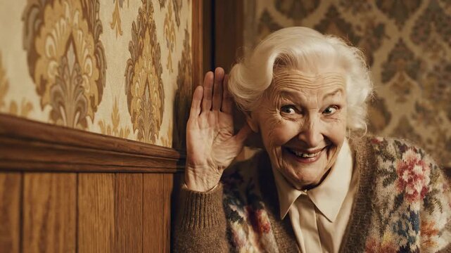 curious senior woman eavesdropping through wall with shocked expression. nosy caucasian grandmother listening to secret conversation. concept of gossip and privacy.