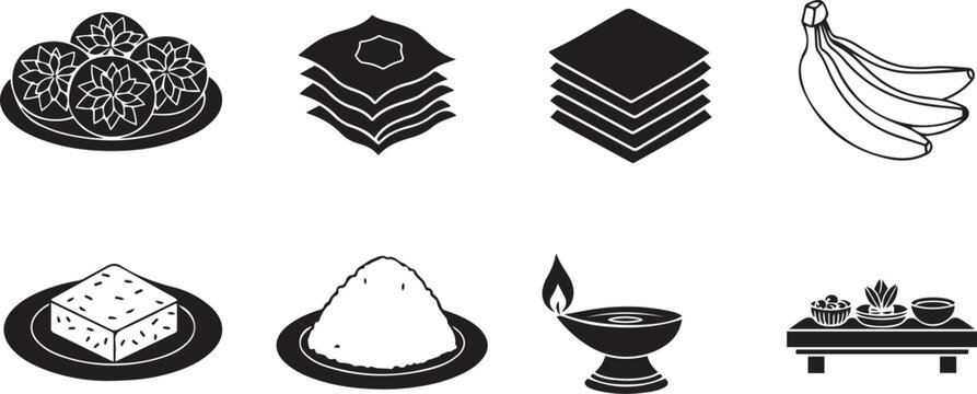 Sri Lankan Sinhala and Tamil New Year Traditional Elements Vector Set, Avurudu Symbols Including Kevum, Kokis, Bananas, and Oil Lamp, Cultural Celebration Icons in Black Silhouette Style.