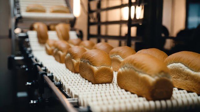 Freshly Baked Bread on Conveyor in Modern Bakery Production Line