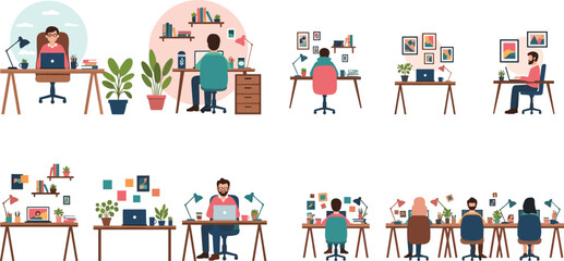 Naklejka premium Flat vector illustration set of diverse people working on laptops at modern minimalist desks with indoor plants and office decor in home workspace