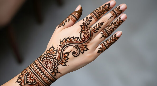Beautiful henna mehndi design on woman hand with elegant floral and leaf patterns for traditional celebration