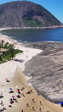 Itacoatiara Beach In Niteroi Rio De Janeiro Brazil. Travel Landscape. Tropical Scenery. Nature Skyline. Itacoatiara Beach In Niteroi Rio De Janeiro Brazil. Tourism Landmark. 