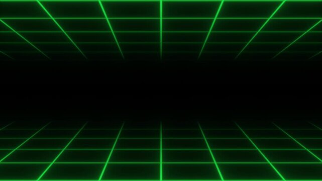 Green neon grid with glowing wireframe lines. Futuristic sci-fi background in retro 80s style for technology visuals, gaming interfaces, cyber motion design. Seamless looped animation 4k