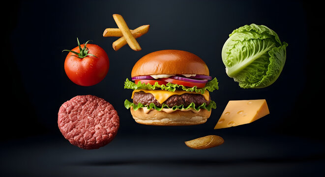Delicious cheeseburger with ingredients flying around it on a dark background