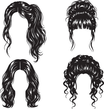 Four black and white illustrations of long hairstyles with undercuts isolated on white background

