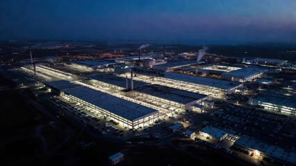 Fototapeta premium Aerial Night View of Industrial Factory Complex with Lights and Smoke