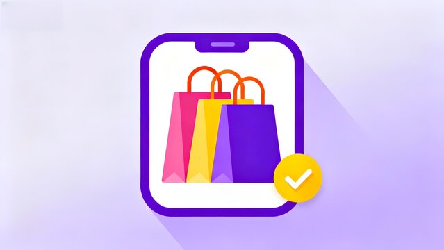 Smartphone displaying shopping bags with a checkmark, symbolizing online purchase completion
