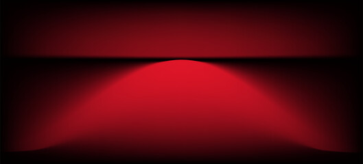 Naklejka premium Red studio background. Abstract limbo podium studio room. Dark red gradient wall floor and spotlight scene. Showcase, promotion display. Vector stage mockup illustration