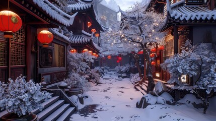 Obraz premium Snowy courtyard with red lanterns and traditional houses, festive winter scene in colorful cartoon 3D style