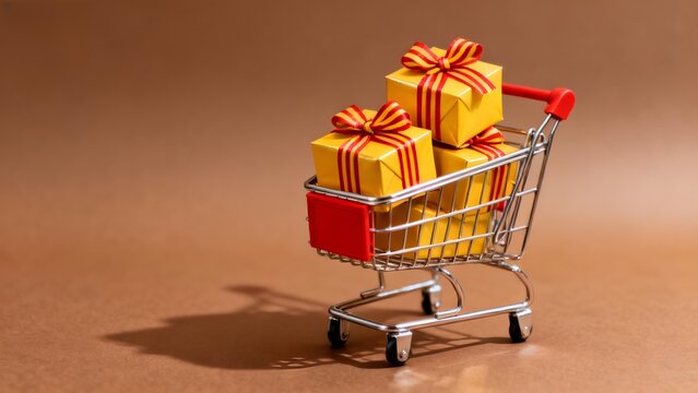 Miniature shopping cart filled with yellow gift boxes wrapped in red ribbons on a brown background