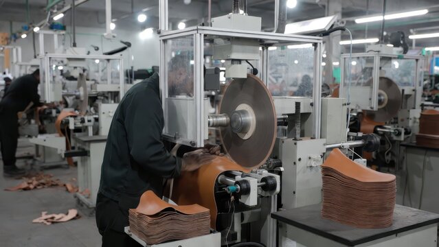 Leather Production Process in Modern Factory with Machines and Workers